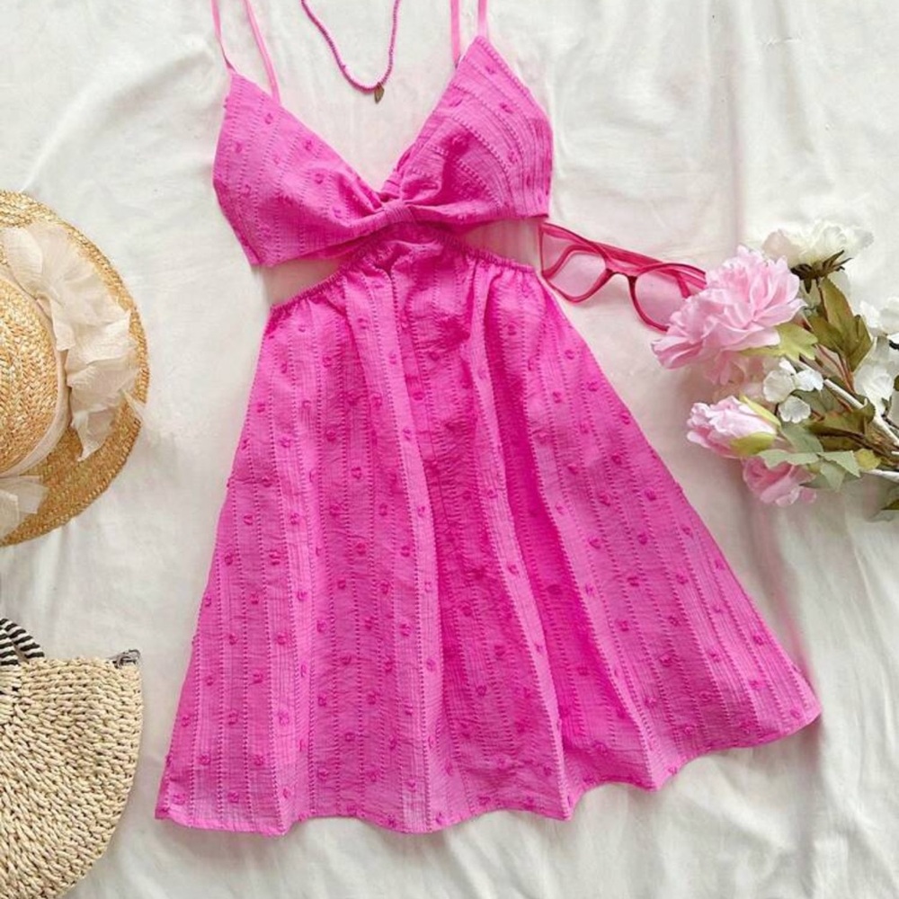 SHEIN Textured Backless Bow Pink Mini Dress - Size XS